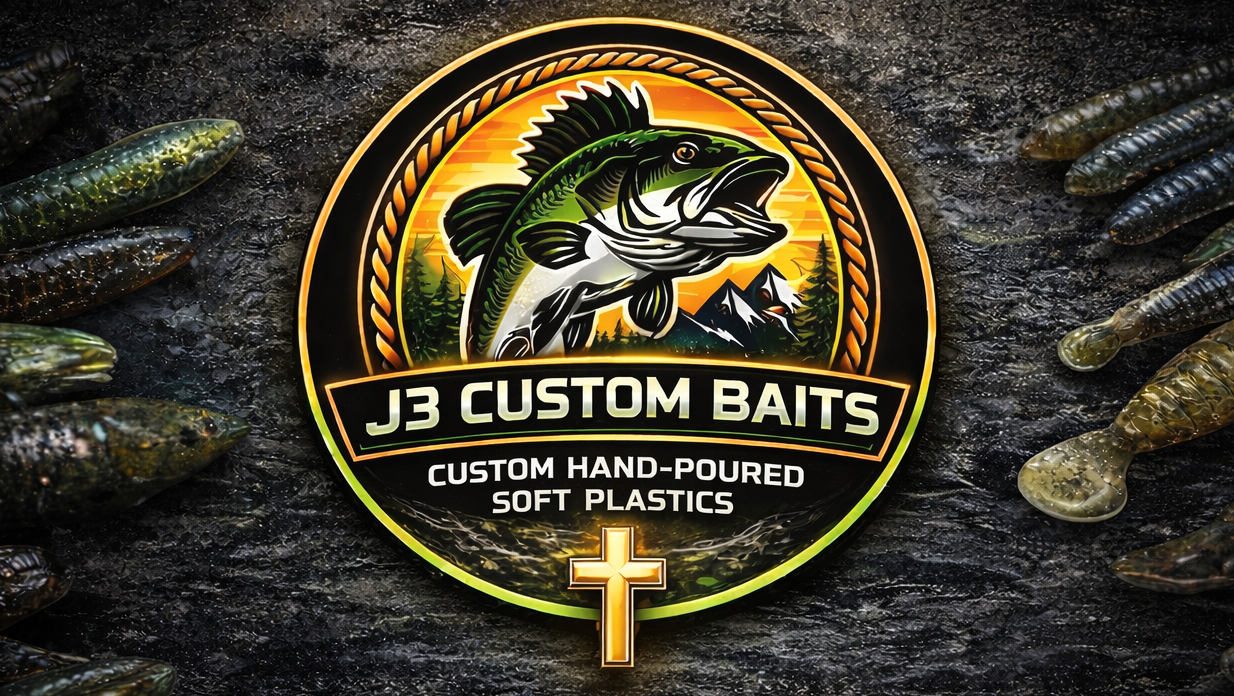 J3 Custom Baits logo with a fish illustration on a dark background with fishing lures.